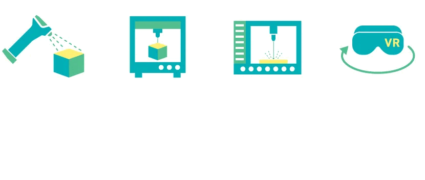 3Dスキャナー・3Dプリンター・レーザーカッター・VR機器 ※機材は一例です。