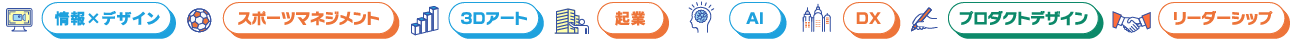 情報×デザイン、スポーツマネジメント、3Dアート、起業、AI、DX、プロダクトデザイン、リーダーシップ