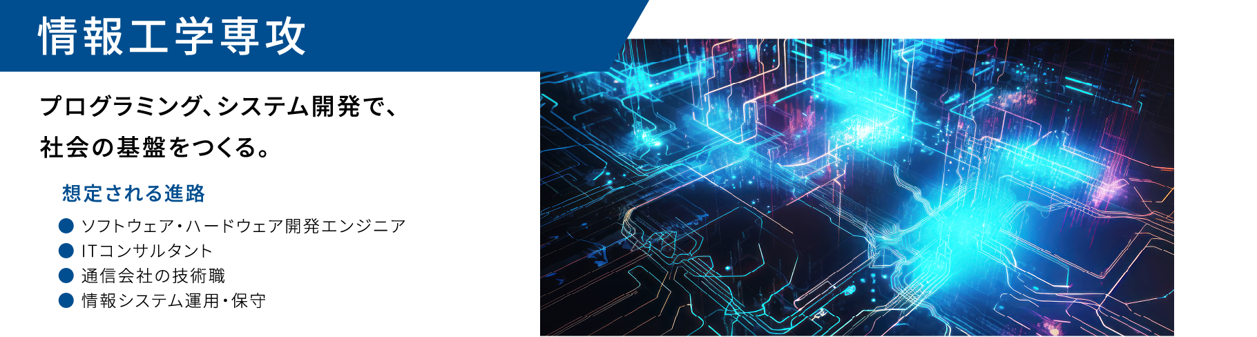 情報工学専攻 定員60名 プログラミング、システム開発で、社会の基盤をつくる。